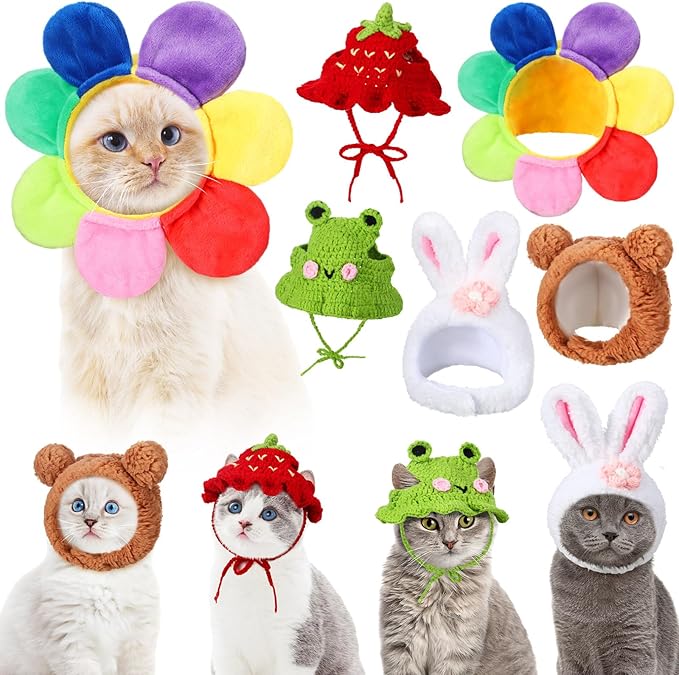 Weewooday 5 Pieces Cat Costume Bunny Hat Outfit with Ears Funny Cat Hat and Small Dogs Kitten Puppy Party Easter Costume Accessory Headwear(Vivid Style)