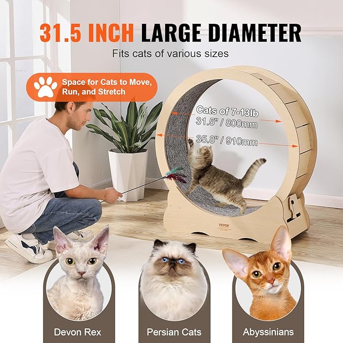 VEVOR Cat Exercise Wheel, Large Cat Treadmill Wheel for Indoor Cats, 35.8 inch Cat Running Wheel with Detachable Carpet and Cat Teaser for Running/Walking/Training, Suitable for Most Cats
