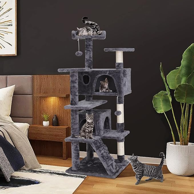 54-inch Cat Tree with Sisal-Covered Scratching Posts, Sturdy Standing Cat Tower for Indoor Kittens, Multi-Level Platforms, Perches, Condo and Hanging Ball for Cats to Play and Sleep