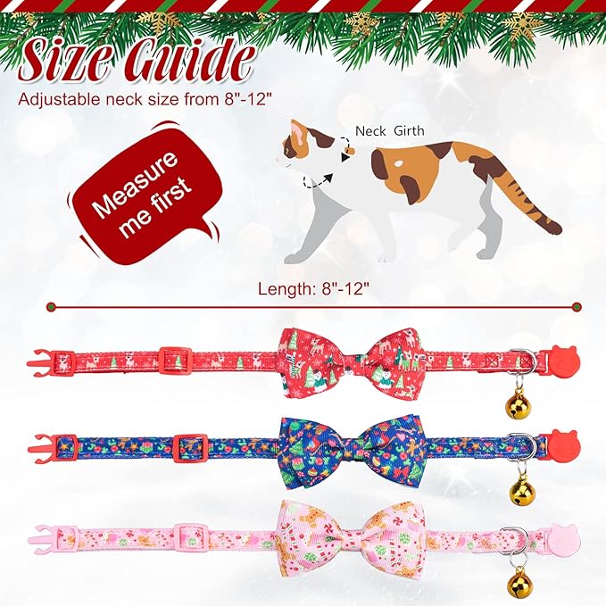 Christmas Breakaway Cat Collar with Removable Bow Tie and Bell, Cute Xmas Patterns, 3 Pack Safety Buckle Kitten Collars, Adjustable Pet Collar