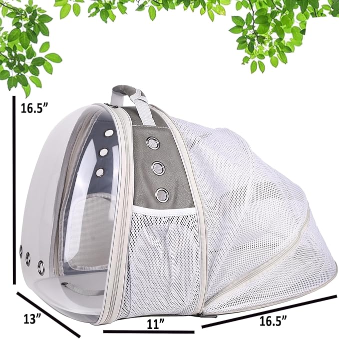 Expandable Carrier Backpack for Kitten Bunny and Small Puppy, Vented Transparent Space Capsule Astronaut Cat Bubble Window, PU Leather Grey Vet Carry Bag