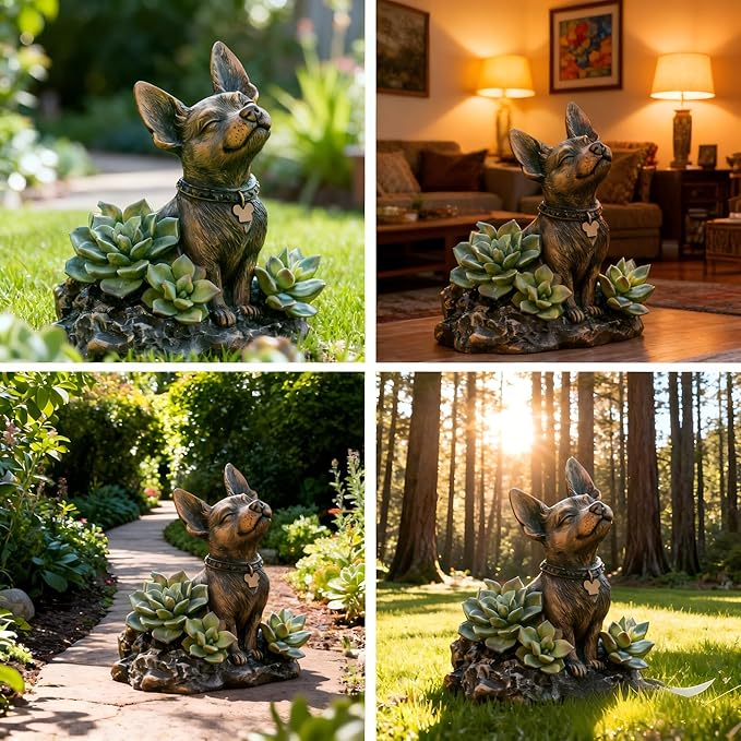 Dog Statue, Solar Garden Statues, Dog Decor with Solar Lantern, Outdoor Garden Decor for Lawn Yard, Patio Porch Decor, Dog Figurines Gifts for Mom, Grandma, Women, Housewarming Presents