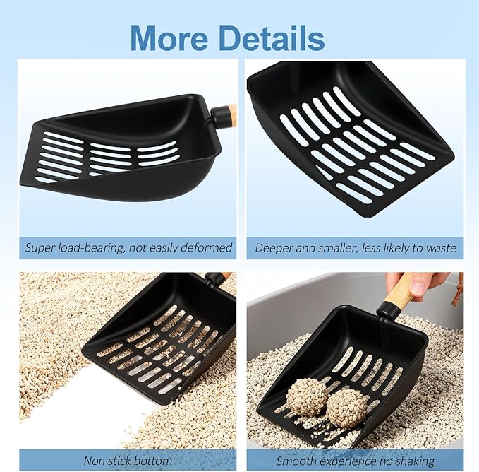 Cat Litter Scoop, Metal Litter Scoop, Heavy Duty Metal Cat Scooper for Litter Box, Black Sifter Scoop for Pellets, Wooden Handle Scoop with Hole, Kitty Necessity (9.8" Handle)