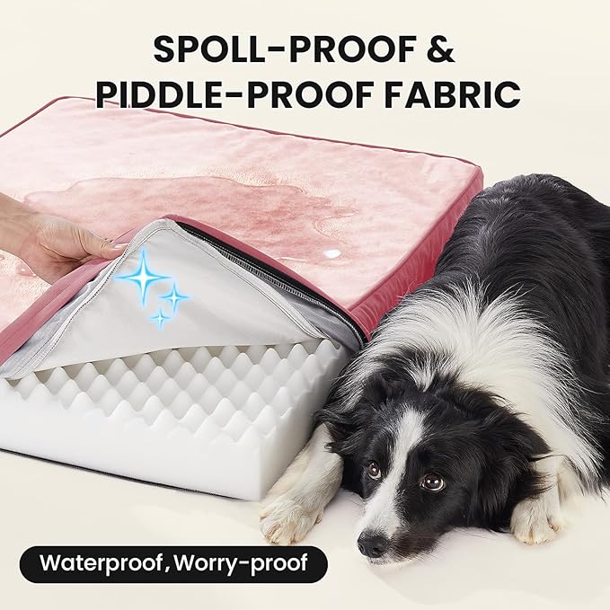 OhGeni Orthopedic Waterproof Dog Bed for Medium Large Dogs, Machine-Washable Removable Cover in Easy-Clean Fabric, High Density Foam & Easy-Carry Handle, Suitable for Crate, 35 inch (Pink)