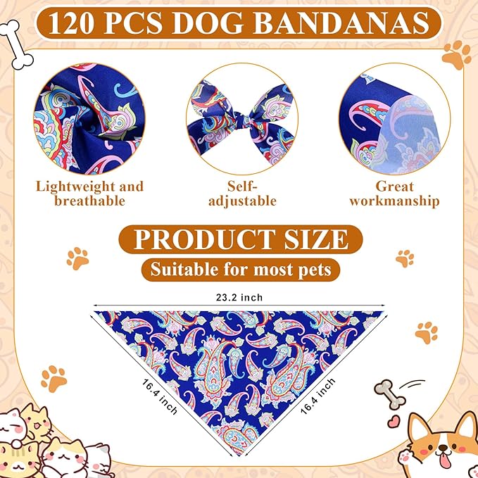 Sanwuta 120 Pcs Paisley Dog Bandanas Bulk Paisley Bandanas for Dogs Adjustable Washable Pet Scarf for Small and Medium Pets, 30 Styles
