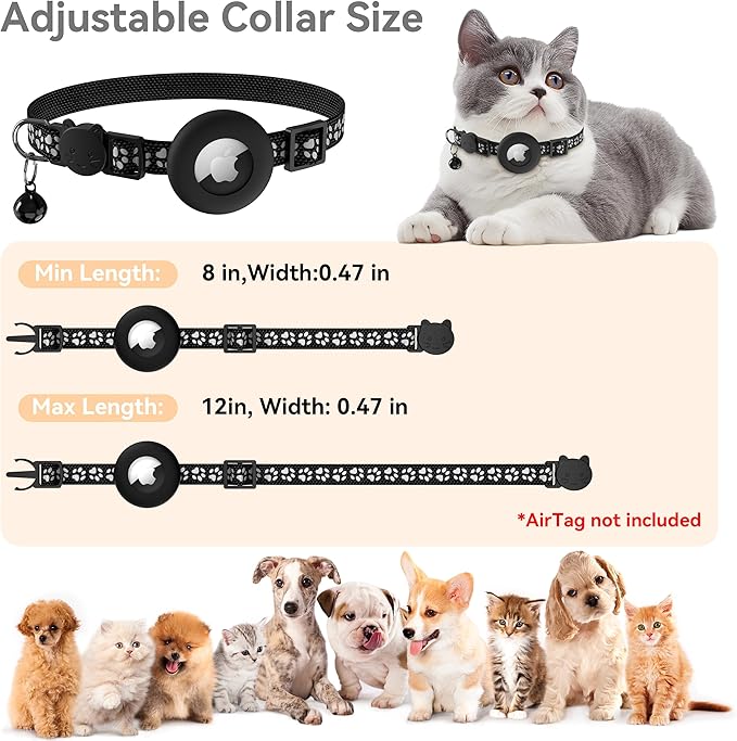 Vanjua 2 Pack Airtag Cat Collar Breakaway with Bell, Reflective Kitten Collar with Air Tag Cat Collar Holder Case for Girl Boy Cats, Pet Supplies Accessories (Black A+Black B)