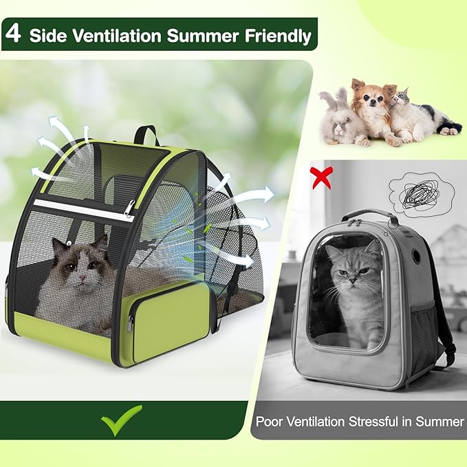 Cat Backpack Carrier for Travel Hiking: Expandable Foldable Breathable Mesh Soft Sided Ergonomic Design Small Dog Puppy Kitty up to 15lbs Camping Outdoor Green