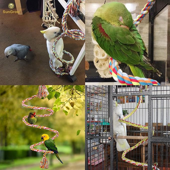 SunGrow Rope Perch for Parrots, 59” Long, Bungee Bird Toy, Brightly Colored Handmade Chew Toy, Spiral Design with Jingling Bell