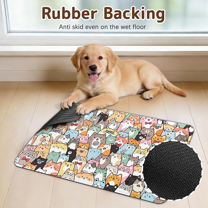 Dog Food Mat for Bowls, Absorbent Quick Dry Dog Cat Mats for Food and Water, Non-Slip Backing Pet Mat Pet Supplies - Cat Pattern