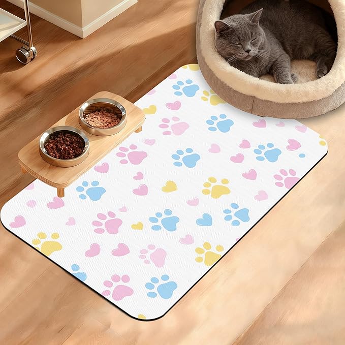 Dog Bowl Mat,Colorful Dog Paws Pet Feeding Mat for Floors Waterproof,Animal Absorbent Dogs Placemat for Food and Water Quick Dry Pet Cat Feeding Mats with Non Slip Bottom 16" x 24"