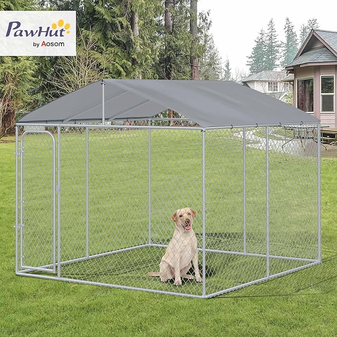 PawHut Outdoor Dog Kennel, Heavy Duty Dog Run Outdoor Fence with Waterproof Cover, Galvanized Chain Link, Secure Lock, 9.8' x 9.8' x 7.7'