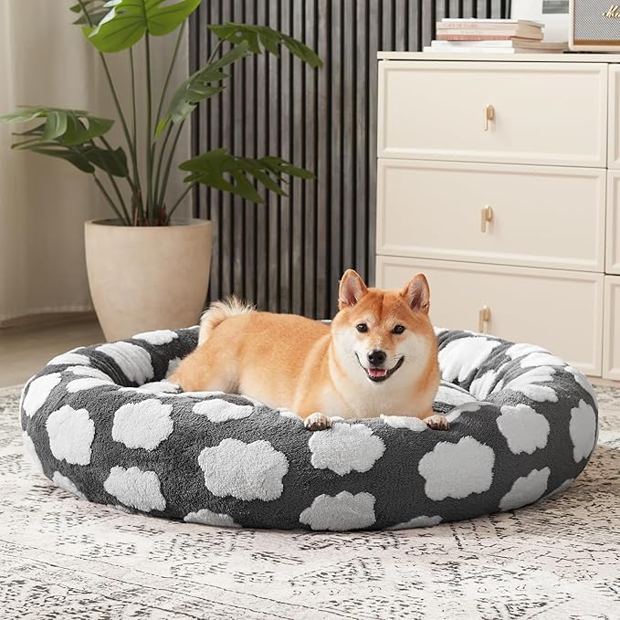 JOEJOY Donut Dog Bed Medium Size Dog, Cute Round Calming Pet Bed with Removable Washable Cover, Orthopedic Puppy Bed with Jacquard Shaggy Plush & Non Skid Bottom