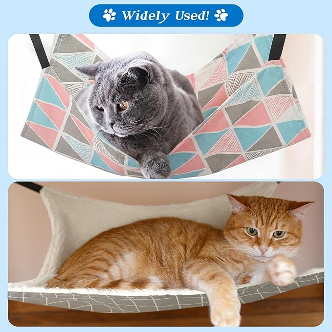 Jetec 2 Pack Cat Hammock for Cage, Catio Accessories Reversible Soft Cats Bed with Adjustable Straps and Hooks Double-Sided Linen and Fleece Hanging Hammock for Cats, Kitten(Geometry Pattern,L)