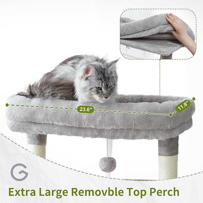 Maine Coon Cat Tree, Heavy Duty Cat Tree for Indoor Cats Large Adult, Cat Tower for Large Cats 20 lbs+ with Hammock, 2 Big Perches, 2 Cat Condos, 15 Scratching Posts, Light Gray GCT033W