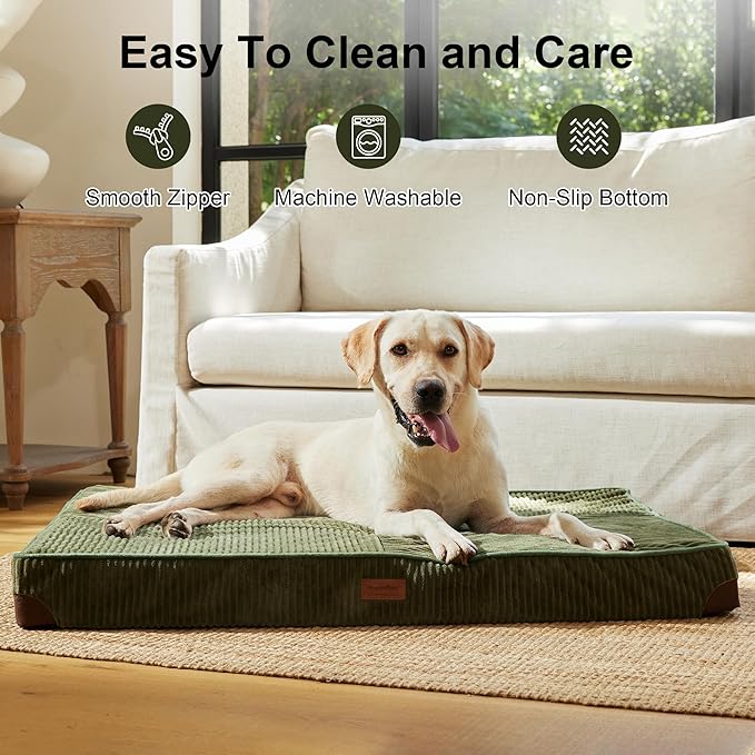 FUKUMARU Dog Bed, Thickened Corduroy Orthopedic Dog Beds with Washable Cover, XL Waterproof Dogs Bed for Crate, 28D Egg Crate Foam Support Pet Mat, Cozy Pet Bed Pad with Anti-Slip Bottom, Green
