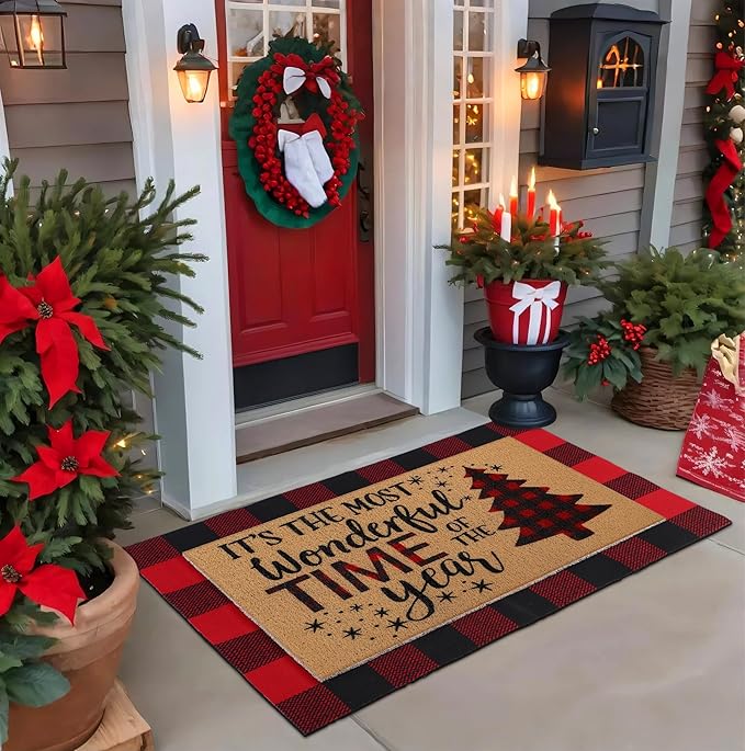 Tinideya 2 Pcs Door Mat Welcome Non Slip Coir Mats Floor Layering Doormats Seasonal for Front Porch Entryway Decor(Christmas Tree)