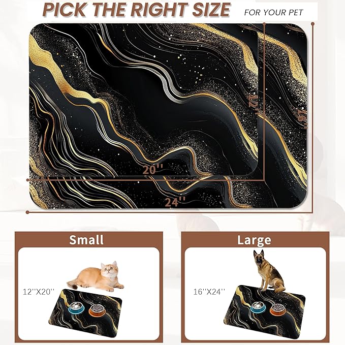 Marble Pet Feeding Mat,Black Gold Flowing Marble Absorbent Quick-Dry Cat Dog Food and Water Bowl Mats,Non-Slip Rubber Backing Mat,Cat Dog Accessories Supplies 12"x20"