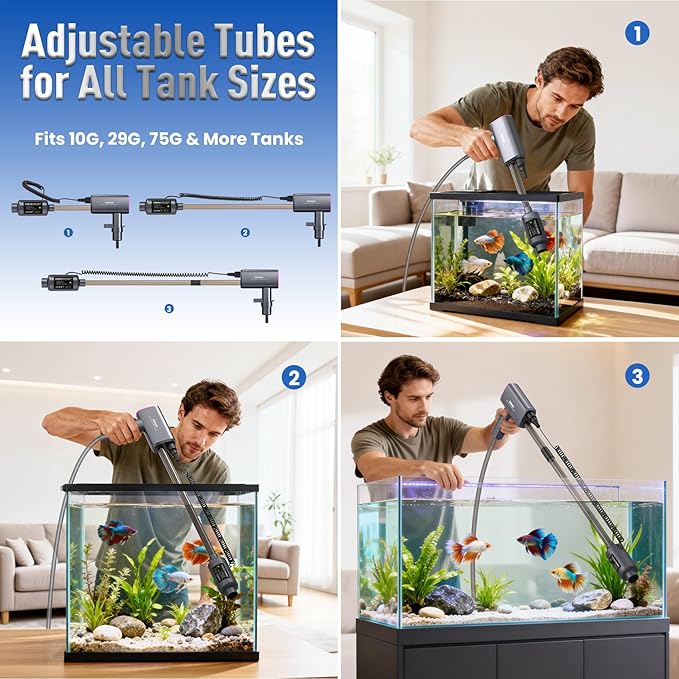 Electric Aquarium Vacuum Gravel Cleaner: Rechargeable Fish Tank Cleaner with 4 Adjustable Suction, Anti-Clog for Debris Clean & Sand Washing,Automatic Water Changer with 12V Safe for Small/Large Tank