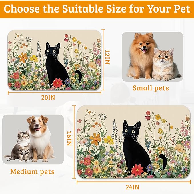 Dog Bowl Mat,Cat Black Pet Feeding Mat for Floors Waterproof,Color Flowers Absorbent Dogs Placemat for Food and Water Quick Dry Pet Cat Feeding Mats with Non Slip Bottom 12" x 20"