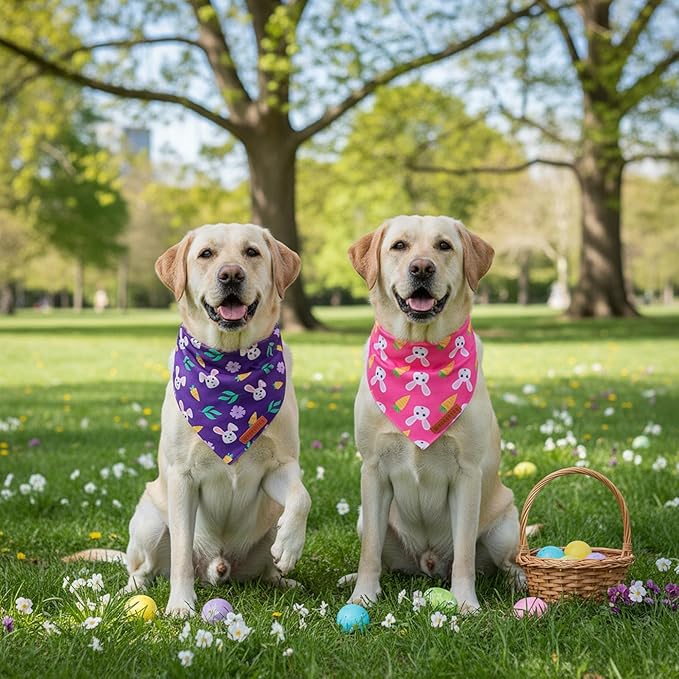 ADOGGYGO Easter Dog Bandana 2 Pack, Bunny Carrot Print Triangle Pet Scarf, Premium Fabric, Reversible Purple Pink Easter Bandana for Extra Large Dogs (X-Large)