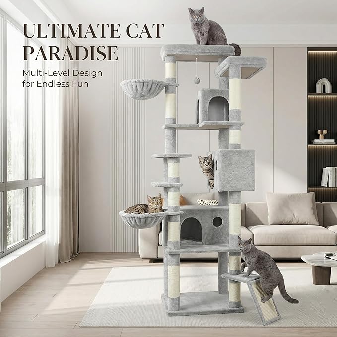 84.6" Multi-Level Tall Cat Tree Tower for Indoor Kitties Larger Cat Condo Furniture with Hammock Cozy Perches Sisal Scratching Posts XXL Pet House (84.6 inch Light Gray)