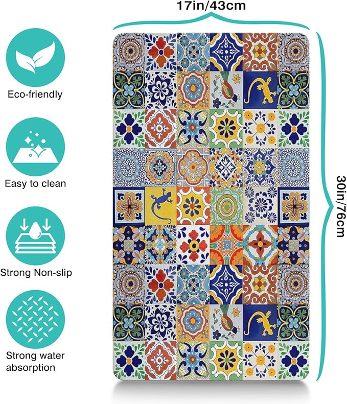 Moroccan Trellis Dog Food & Water Mat, Mexican Talavera Boho Colorful Pet Feeding Mat for Floor Non-Slip Waterproof, Super Absorbent Cat Bowl Mat, Easy to Clean Durable Pet Placemat,17" × 30"