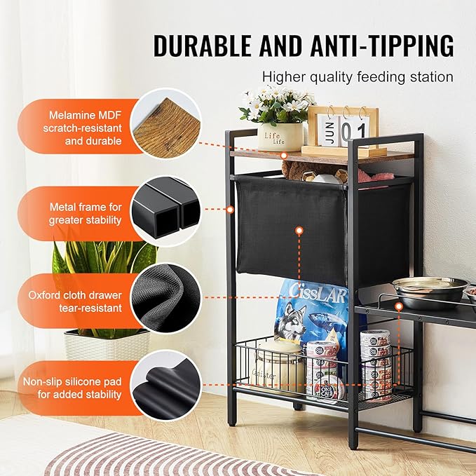 VEVOR Pet Feeding Station with Storage, 4 Height Adjustable Elevated Dog Bowl, Dog Bowls Stand with Toy Bin Basket, Raised Feeding Station Cabinet, Pet Storage Organizer for Large Medium Small Dogs