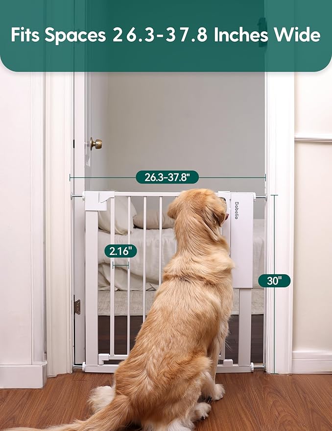 Babelio Smart Baby Gate with Auto-Unlock/Close, Pressure Mounted No Drill for Doorways/Top of Stairs. Pet/Dog Door Wide Walk Thru w/Infrared Sensor & Instant Safety Alert (White, 26.3-37.8" W, 30" H)