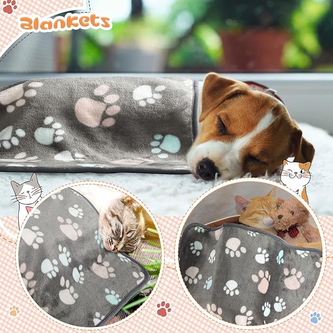 Tatuo 4 Pcs Dog Blanket for Pet Cat Blankets Indoor Puppy Teething Stuff Toys Paw Print Fleece Soft Blanket Sleep Mat for Guinea Pig Cage(Dark Gray,Small(24 x 16 Inch),Square)