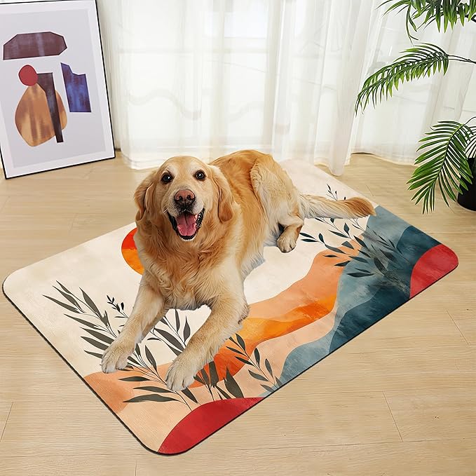 Boho Mountain Sun Pet Food Mat for Cats and Dogs–Christmas Stocking Absorbent Quick Dry Feeding Placemat, Non Slip Rubber Base, Waterproof Bowl Mat for Indoor Use, Pet Supplies 12"x20"