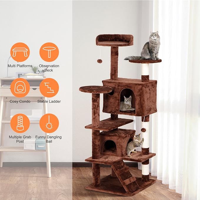 54-Inch Cat Tree for Large Cats, Sturdy Multi-Level Cat Tower with 2 Condos, Hanging Ball and Sisal Scratching Posts, Durable Cat Furniture for Indoor Cats (Brown)