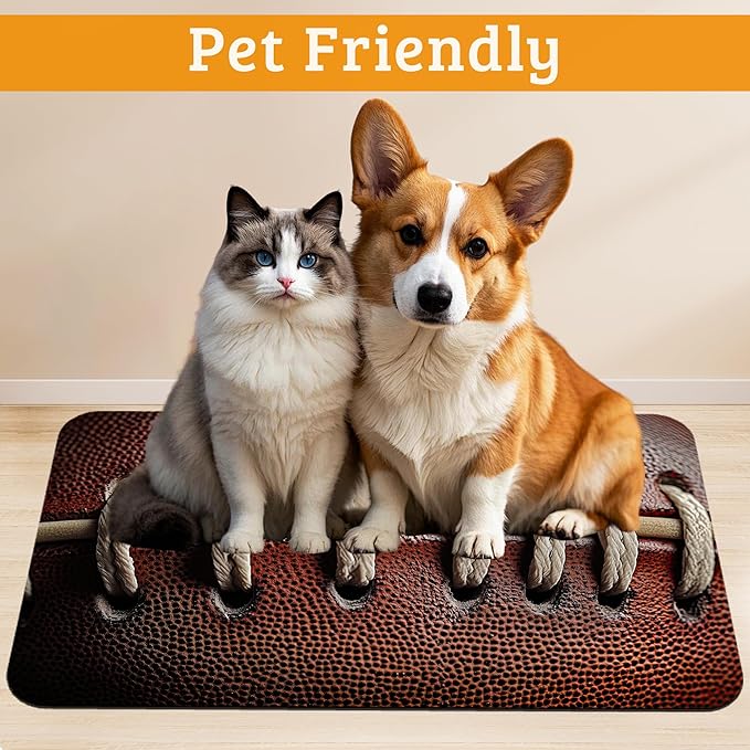 Football Texture Feeding Mat,Laces Stripes Absorbent Quick-Dry Cat Dog Food and Water Bowl Mats,Non-Slip Rubber Backing Mat,Cat Dog Accessories Supplies 16" x 24"