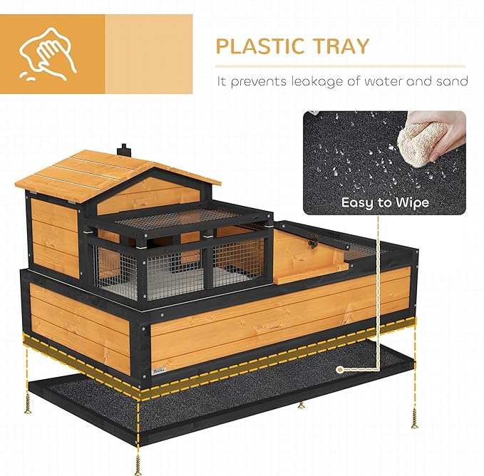PawHut 3- Room Tortoise House Habitat with Balcony & 2 Stories, Indoor/Outdoor Wooden Tortoise Enclosure with Ladder, Tray, Openable Roof, Large Reptile Cage, 44" x 25.5" x 23", Yellow