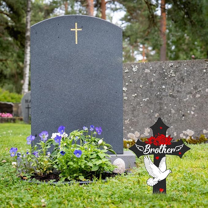 Cross Cemetery Decorations for Grave, Metal Sympathy Memorial Stakes for Loss of Brother Outdoors Yard Garden, Grave Markers for Cemetery for Brother (12 X 7.5 Inches)