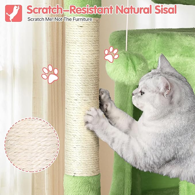 70in Cat Tree Cat Climbing Tower with Scratching Post, Cats House Perch Kitten Tree Condo Wood Playhouse, Pet Trees Tower for Indoor Cats, Green