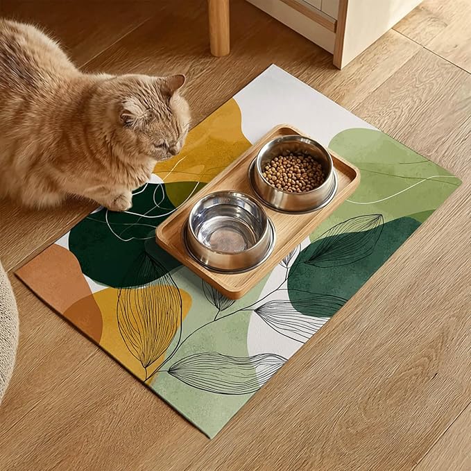 Modern Abstract Leaf Design Pet Feeding Mat 20" x 12" Pet Food Mat Non Slip Mat for Dog Food and Water Bowls Easy Clean Dog Bowl Mats Pets Placemat for Kitchen Pets Feeding Area Decor