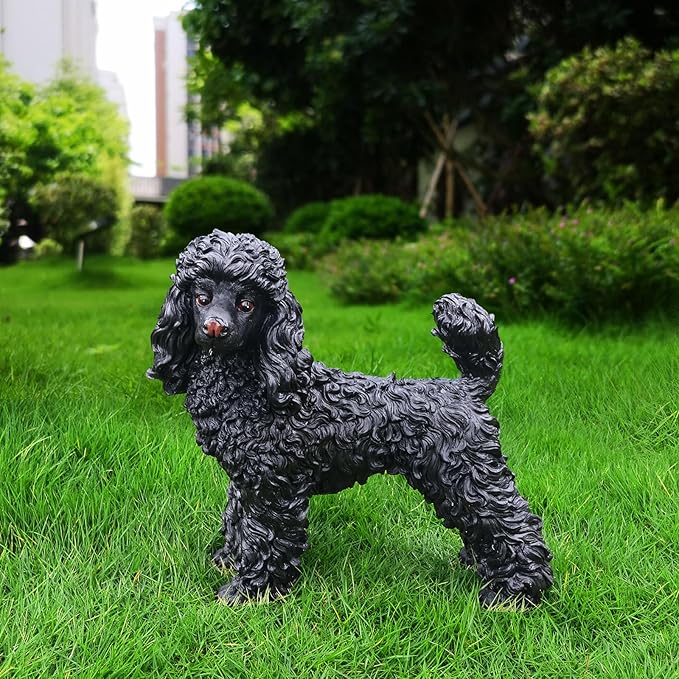 Poodle Statue Outdoor Decorations – Outdoor Dog Statue Standing Black Poodle with Removable Solar Light & Welcome Sign for Garden Décor