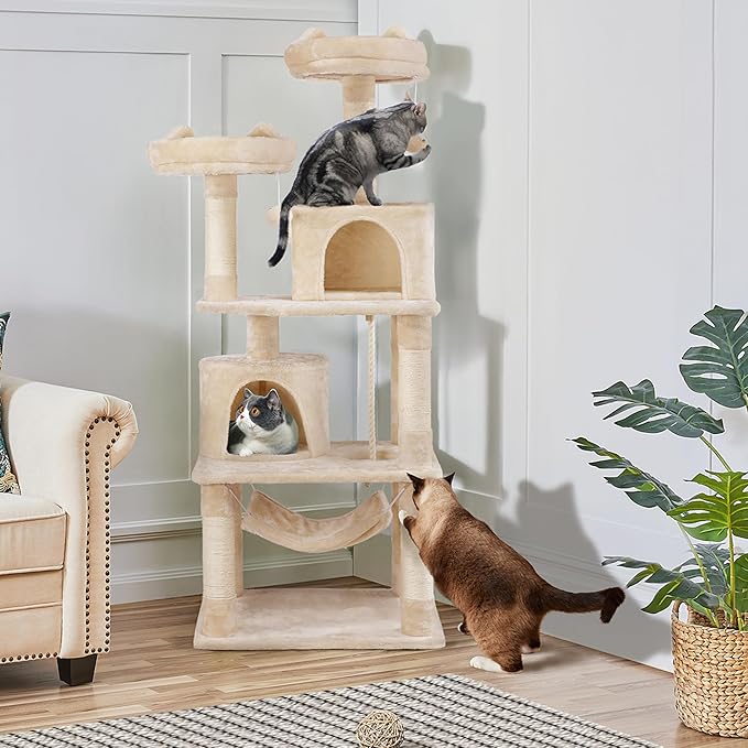 Topeakmart 62.2 inches Cat Tree with Double Condos, Scratching Posts & Hammock, Kitty Activity Tree Center Kitten Play House