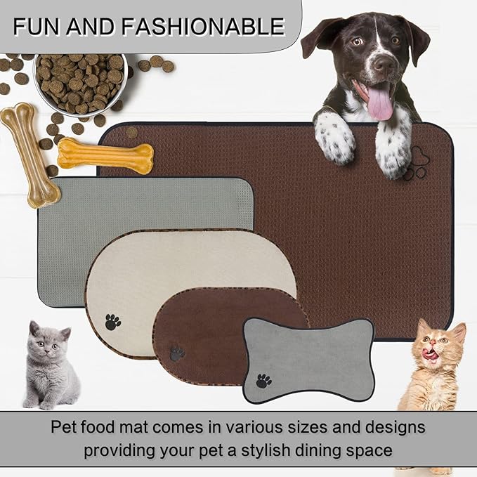 SINLAND Microfiber Pet Bowl Mat Dog Cats Feeding Mats for Food and Water Dish Drying Mat with Anti-Skid Backing 14.2Inch x 24Inch Grey