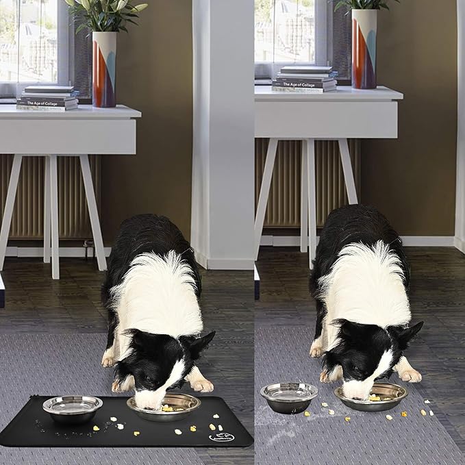 Silicone Waterproof Dog Cat Pet Feeding Mats, Non Slip, Easy Clean Pet Dog Cat Bowl Mats Placemat (28" x 24") Black