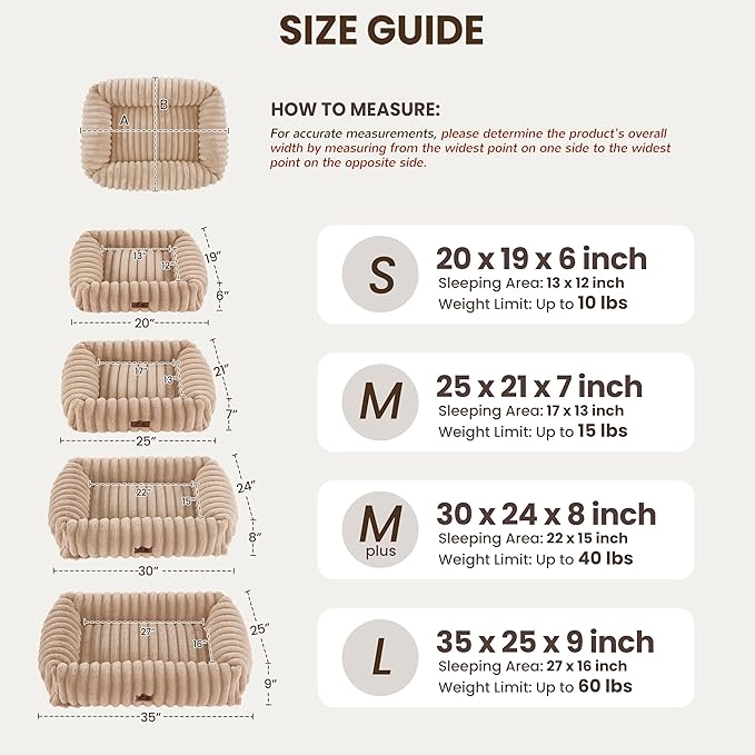 Washable Dog Bed for Small Medium Dogs - Rectangle Orthopedic Corduroy Fleece Pet Bed with Removable Cover and Nonskid Bottom, Calming Puppy Bed Soft Pet Sofa, Camel(35x25x9inchs)