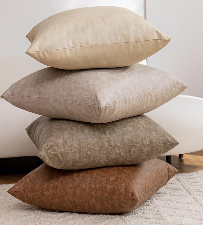 Pack of 4 Oversized Faux Leather Neutral Decorative Throw Pillow Covers 26x26 inch, Soft Modern Boho Luxury Waterproof Floor Cushion Cases, for Outdoor Lounge Sofa Couch Bed Home Decor