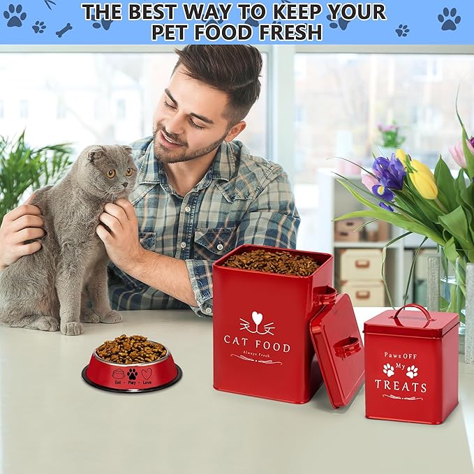 Meraki Home Farmhouse Cat Food and Treats Containers + Feed Scoop + Pet Food Bowl - Tight Lids - Large Metal Storage Bin - Great Gift for Cute Pets (Glossy Red)