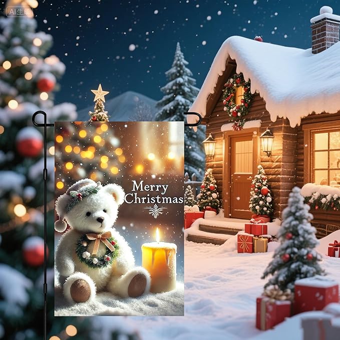 Christmas Garden Flag 12x18 Inch Merry Christmas Bear Flag Double Sided Holiday Banner Outdoor Winter Yard Decoration for Porch Lawn Home