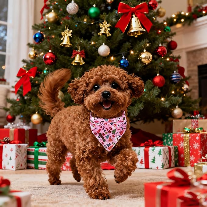 Lionet Paws Christmas Dog Bandana Washable Cotton Handkerchief Scarf Triangle Ho Christmas Tree Pink Bandanas for Medium Large Dogs Girl
