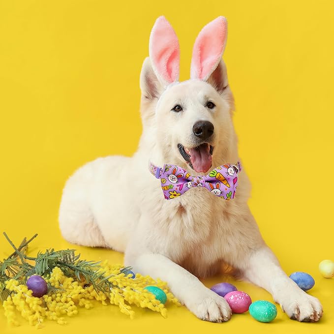 Easter Dog Collar with Bow Tie Set, Adjustable Purple Bunny and Carrot Pattern Pet Collar, Cute Spring Flower Holiday Neckwear for Small, Medium, and Large Dogs