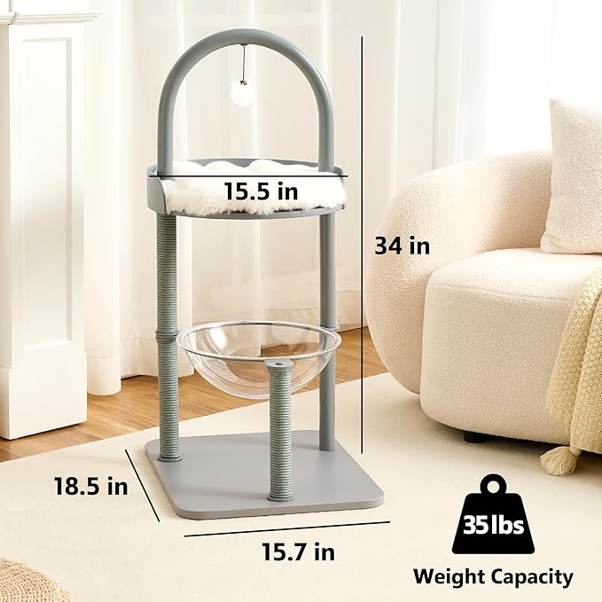 Modern Cat Tree Tower for Indoor Cats up to 12lbs, 34" H Furniture-Style Metal Cat Tower with Scratching Posts, Wood Cat Bed with Soft Plush Cushion Washable, Acrylic Capsule, Dove Gray