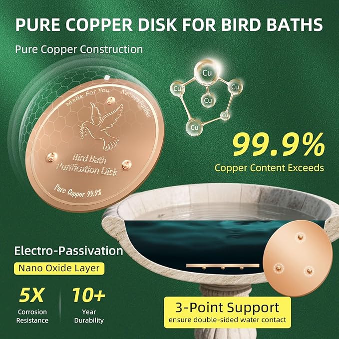 Copper Disk for birdbath, Chicken,Dogs & Cats Water Feeder, 99.9% Pure Copper Disk, Physical Safe Clean Water, Universal Fit for Outdoor Birdbaths, Pets Water Bowls,Year-Round Use (1 Pcs)