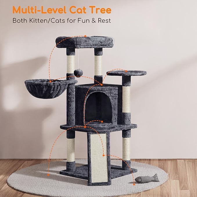 Yaheetech 42in Cat Tree Tower for Indoor Cats, Kitten House with Large Perch & Scratching Posts & Cozy Condo & Scratching Ramp, Pet Furniture Activity Center, Dark Gray