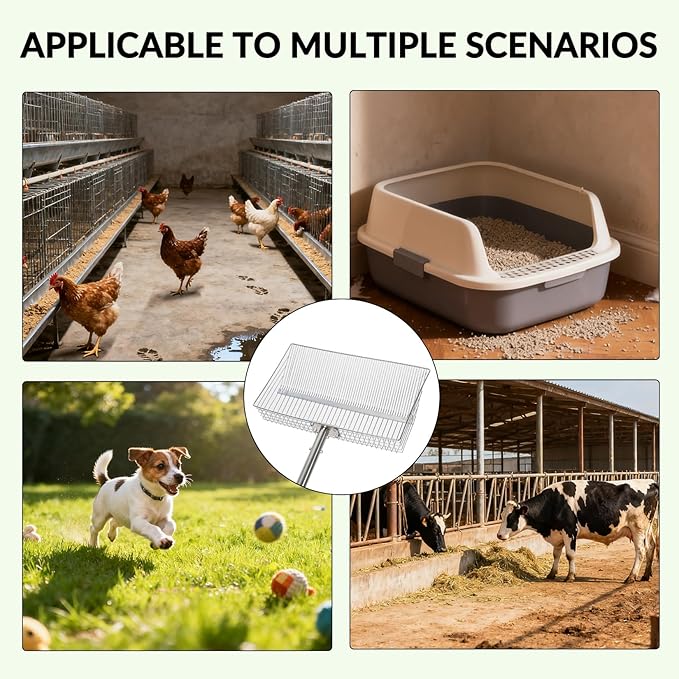 Garvee Chicken Poop Scooper Adjustable 24" to 72" Long Handle Chicken Coop Rake for Pet Waste Cleaning,Stainless Steel Handle Litter Scooper & Sifting Shovel for Chicken Coops